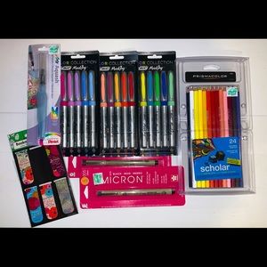 School supplies; Prismacolor pencil, Bic markers, aquash, Micron pens, bookmarks